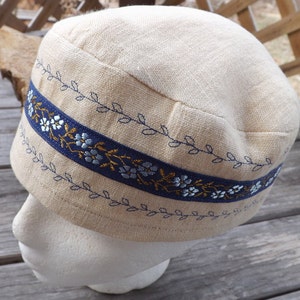 Little Blue Flower 100% Linen Biscotti Beige Ladie's Turban Cap Head Cover image 2