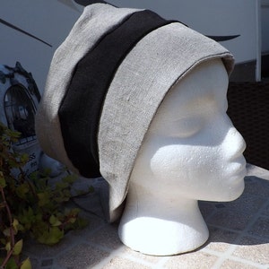 84 Two Toned 100% Linen Black & Natural Pull On Snood Tichel Head Covering