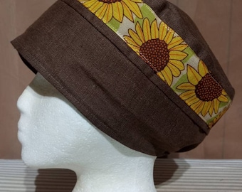 Coffee Brown 100% Linen with Daisy Ribbon Trim Pull on Snood Cap Tichel