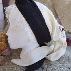 Ohr ha Olam 100% Linen Long Head Band Scarf with Matching Ribbon, Decorative Stitching and Two Toned Wrap Ties image 4