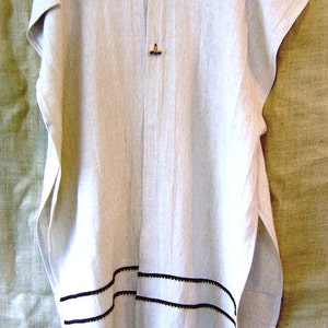 Robe of Fine Linen 100% Antique White (Cream) Linen with matching Brown Scroll Ribbon Trim and Button closure in front