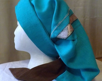 286 Ceramic Blue/Green 100% Linen Long Head Band Scarf with Matching Two Tone Long Ties with Matching Ribbon and Decorative Stitch