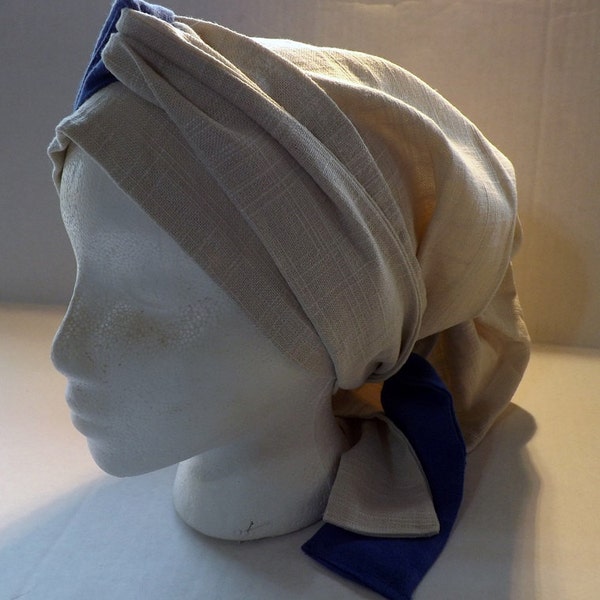 Antique White/Cream 100% Linen Long Head Band Scarf with Long Royal Blue & Antique White Ties