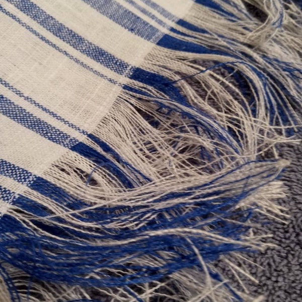 My Israel Royal Blue and White Striped Scarf Head Cover Shawl with Natural Royal Blue and White Linen Tassel Trim