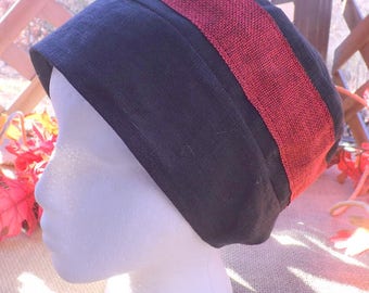 Midnight Black 100% Linen Snood Cap Tichel Head Cover with Red or Blue Burlap Look Ribbon Trim