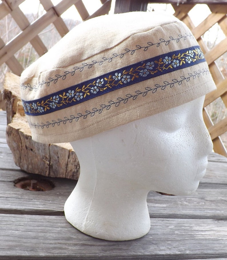 Little Blue Flower 100% Linen Biscotti Beige Ladie's Turban Cap Head Cover image 5