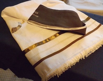 358 Sound the Shofars 100% White Linen with Brown Linen Atarah (crown) with Ribbon and Tassel Trim Talllit Prayer Shawl