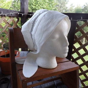 Winter white 100% Linen Pull-On Snood Cap Head Cover with Silver Ribbon Trim and Tie Closures image 2