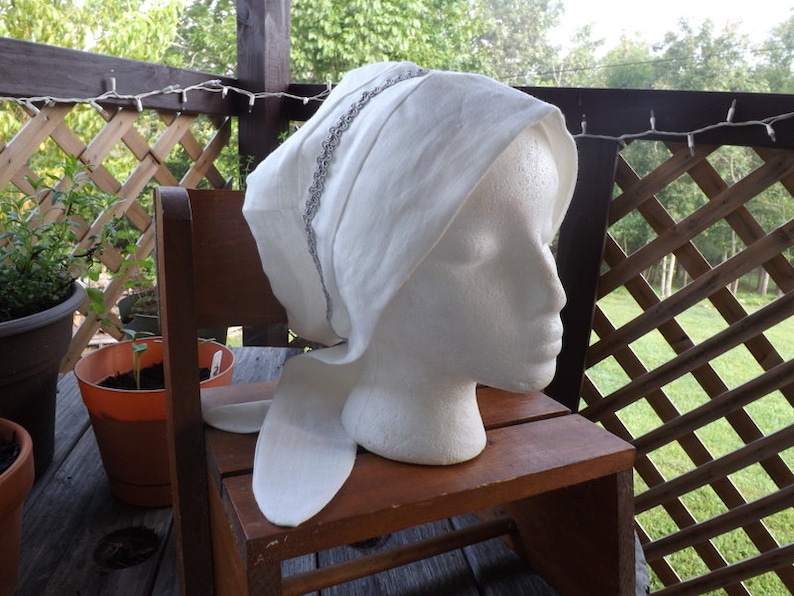 Winter white 100% Linen Pull-On Snood Cap Head Cover with Silver Ribbon Trim and Tie Closures image 2