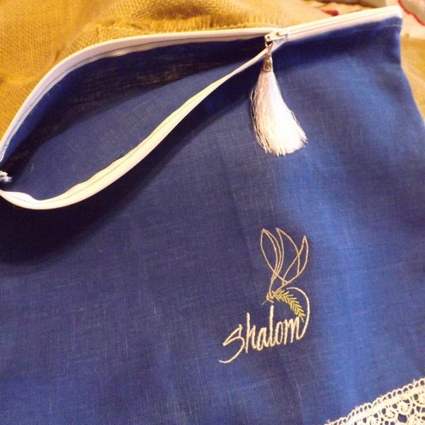 395 Shalom/Peace 100% Linen Double-Sided Embroidered Zippered Pouch with or without Handles