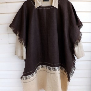 Psalm 119 Brown and Beige 100% Linen Caftan Tunic with Matching Ribbon, Decorative Stitch and Frayed Edging