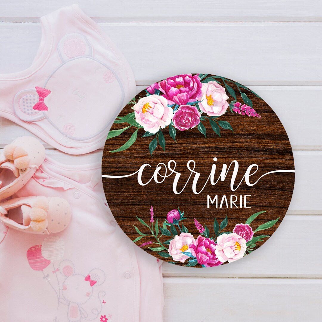 Birth Announcement Sign, Floral Round Wood Baby Name Sign, Personalized ...