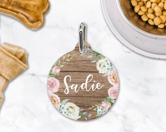 Wood Floral Pet ID Tag, Personalized Pet Tag, Pet ID Tag, Custom Pet ID Tag, Custom Dog Tag, Dog Name Tag, Cat Name Tag, Lost Pet Tag