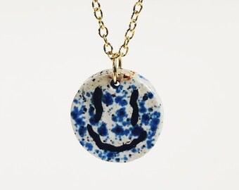 Handmade Ceramic Pendant, Hand Painted Enamel 18K Gold Chain Valentine's Day Gift, Handmade Necklace