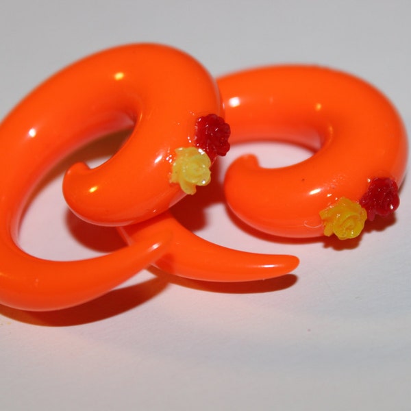 Fire colored! Orange spiral acrylic taper with yellow and orange  sparkly roses 00g (10mm) sold as a pair plugs gagues