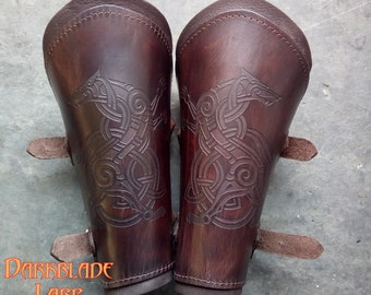 Wolf Engraved Waxed Leather Vambraces, Bracers, Arm Guards for Costume LARP and Cosplay
