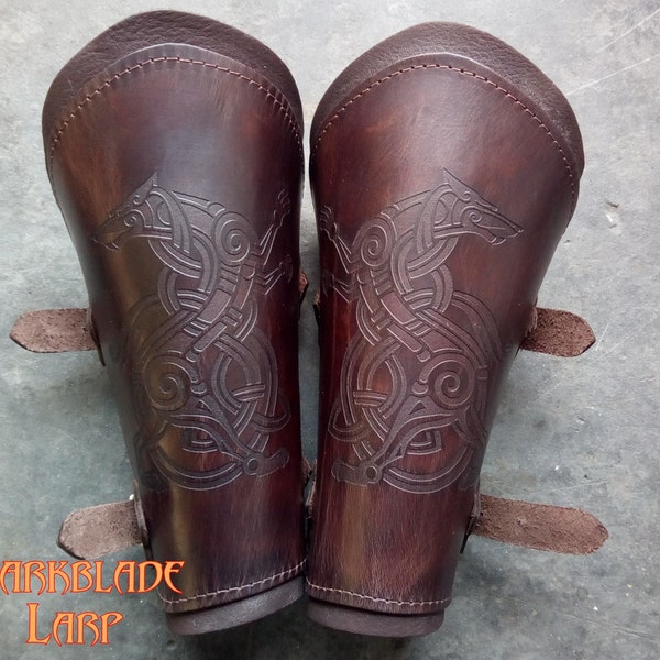 Wolf Engraved Waxed Leather Vambraces, Bracers, Arm Guards for Costume LARP and Cosplay