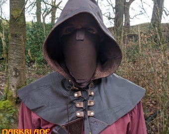 Cagoule ou capot en cuir Ranger pour GN, païen ou cosplay en marron avec masque facial en option