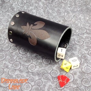 Dice Cup in Black Leather with engraved Fleur-de-lis.