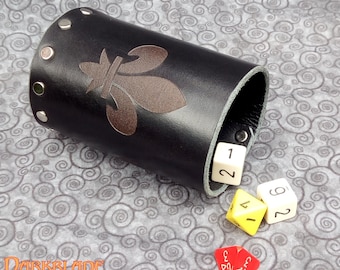 Dice Cup in Black Leather with engraved Fleur-de-lis.