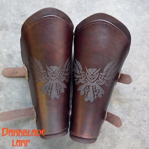 Swooping Owl Engraved Waxed Leather Vambraces, Bracers, Arm Guards for Costume LARP and Cosplay