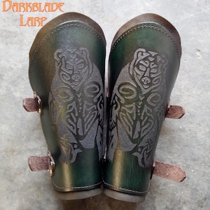 Bear Engraved Waxed Leather Vambraces, Bracers, Arm Guards for Costume LARP and Cosplay