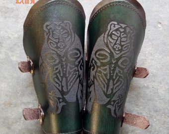 Bear Engraved Waxed Leather Vambraces, Bracers, Arm Guards for Costume LARP and Cosplay