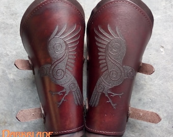 Raven Engraved Waxed Leather Vambraces, Bracers, Arm Guards for Costume LARP and Cosplay