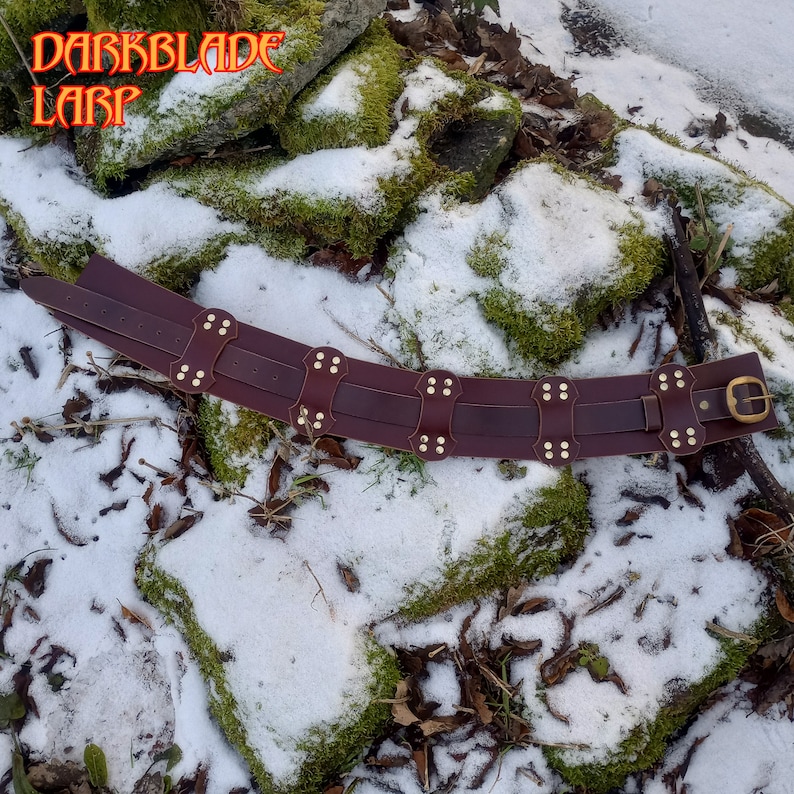 Pu&ograve; includere: Una cintura in pelle marrone con dettagli in metallo dorato e una fibbia. La cintura &egrave; appoggiata su una superficie innevata con muschio verde.