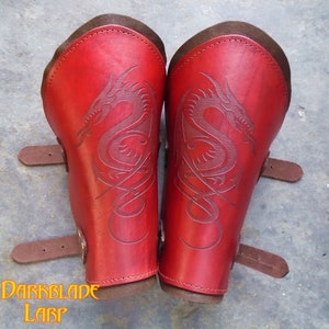 Dragon Leather Vambraces, Engraved, Stained and Waxed for Costume LARP and Cosplay