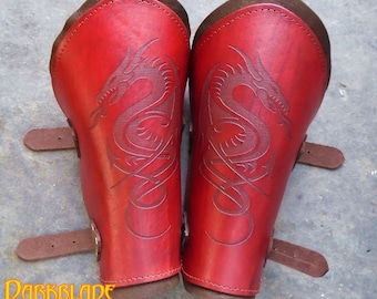Dragon Leather Vambraces, Engraved, Stained and Waxed for Costume LARP and Cosplay