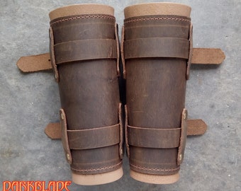 Pair Small Brown Rustic Leather Lined Vambraces, Bracers, Arm Guards for Costume LARP and Cosplay