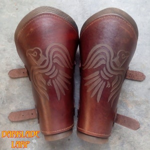 Viking Raven Engraved Waxed Leather Vambraces, Bracers, Arm Guards for Costume LARP and Cosplay