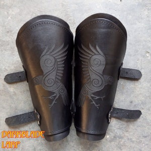 Pair Ladies Leather Engraved Vambraces, Bracers, Arm Guards with a Raven for Costume LARP and Cosplay