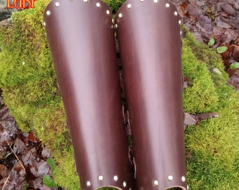 Heavy Leather Greaves with Dome Stud Decoration for,Larp, Costume and Cosplay