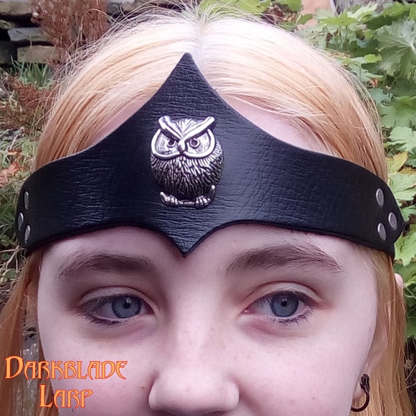 Owl Leather Circlet or Headband in Black or Brown for Larp Pagan Cosplay Stage or People who want to look Wise