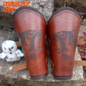 Bear Head Engraved Leather Bracers for Larp, Cosplay and Costume.