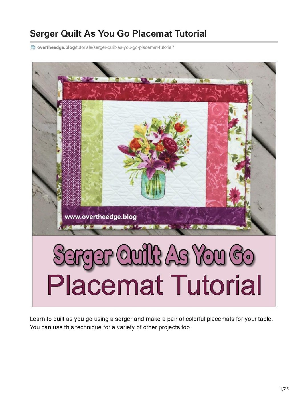 Serger Quilt as You Go Placemat Tutorial Blog Tutorial PDF Optimized for Printing DIGITAL COPY
