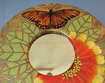 Gerbera Daisy and Butterfly Stoneware Mirror