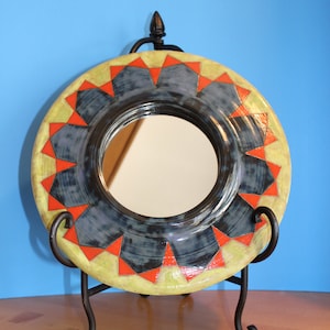 Stoneware Framed Mirror with Red Triangle Design