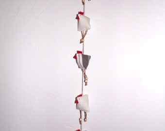 Guirlande de poules, décoration poules berlingot, lin et toile à matelas, gris/blanc
