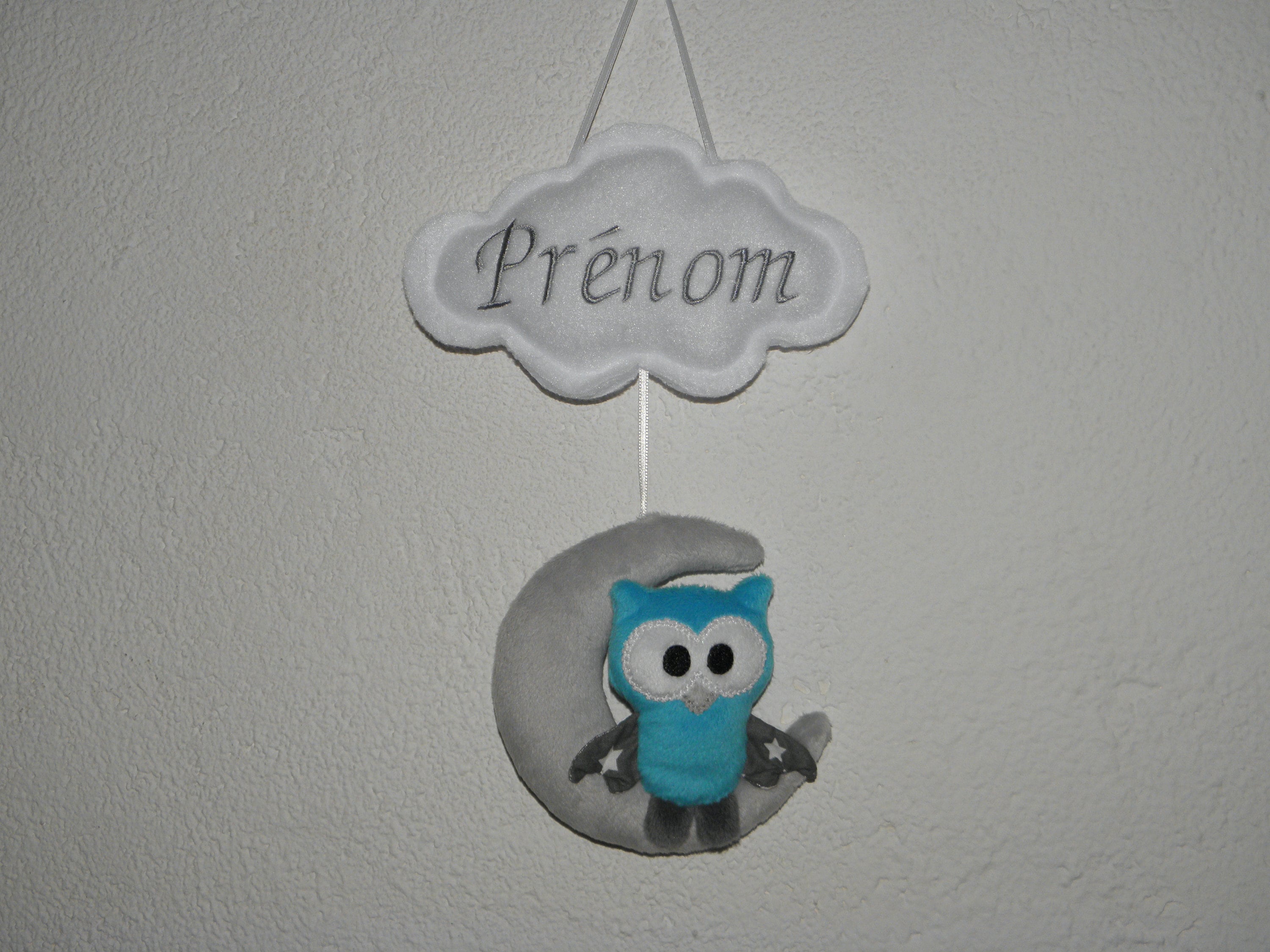 Hibou sur La Lune, Prénom Brodé, Bleu Turquoise, Gris, Nuage, Déco Chambre Bébé, Cadeau Naissance
