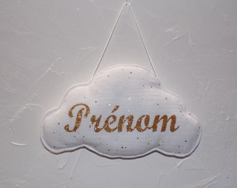 Décoration chambre enfant personnalisable, nuage blanc pois or personnalisé avec le prénom, décoration à suspendre