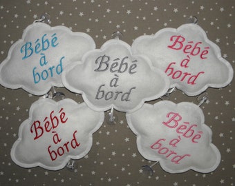 Baby on board, white cloud, car signage, embroidered "Baby on board" in gray, blue, pink or red