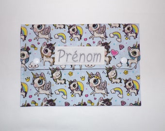 Pochette personnalisable pour serviette de table/serviette élastiquée enfant, imprimé licornes fond bleu