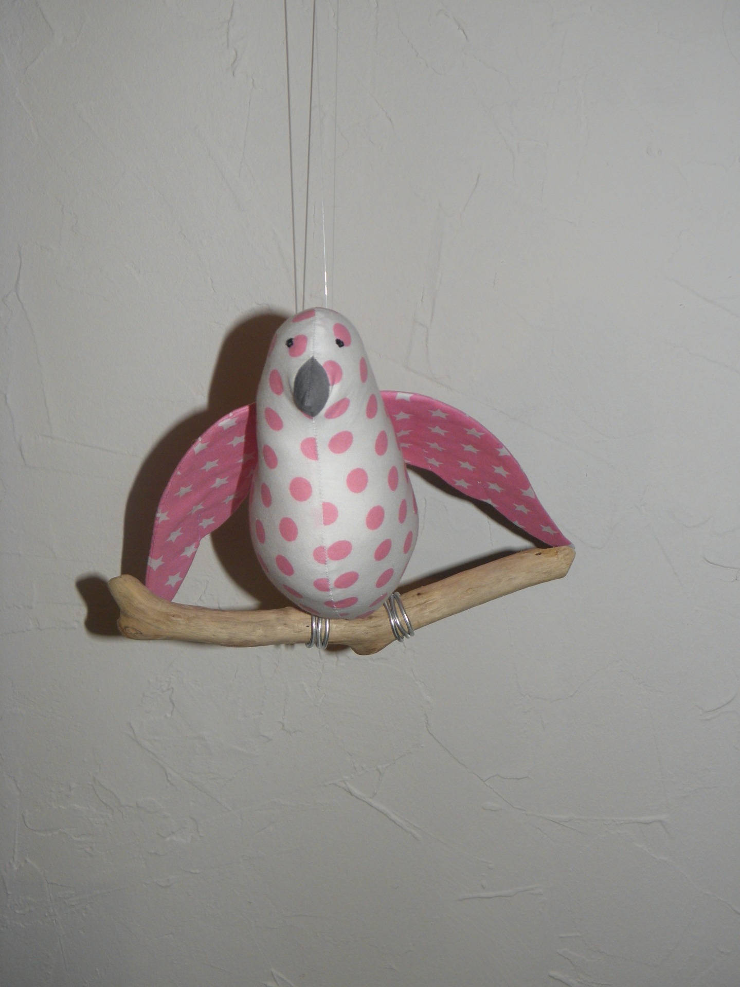 Oiseau Rose et Blanc, Bois Flotté, Mobile, Oiseau à Suspendre Pois Étoiles