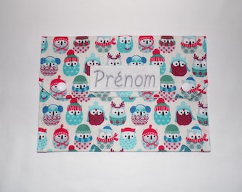 Pochette personnalisable pour serviette de table/serviette élastiquée enfant, imprimé hiboux bleu/rouge