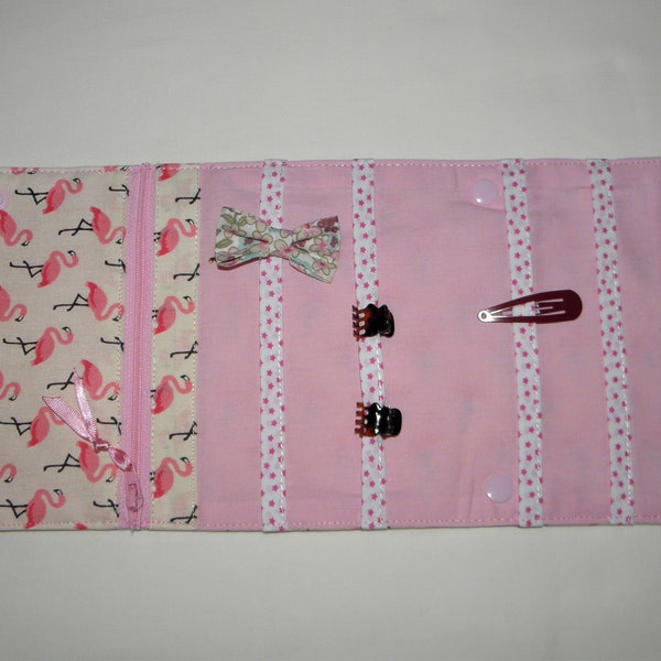 Pochette barrettes, étui à barrettes, chouchous, flamants roses, cadeau enfant, fillette