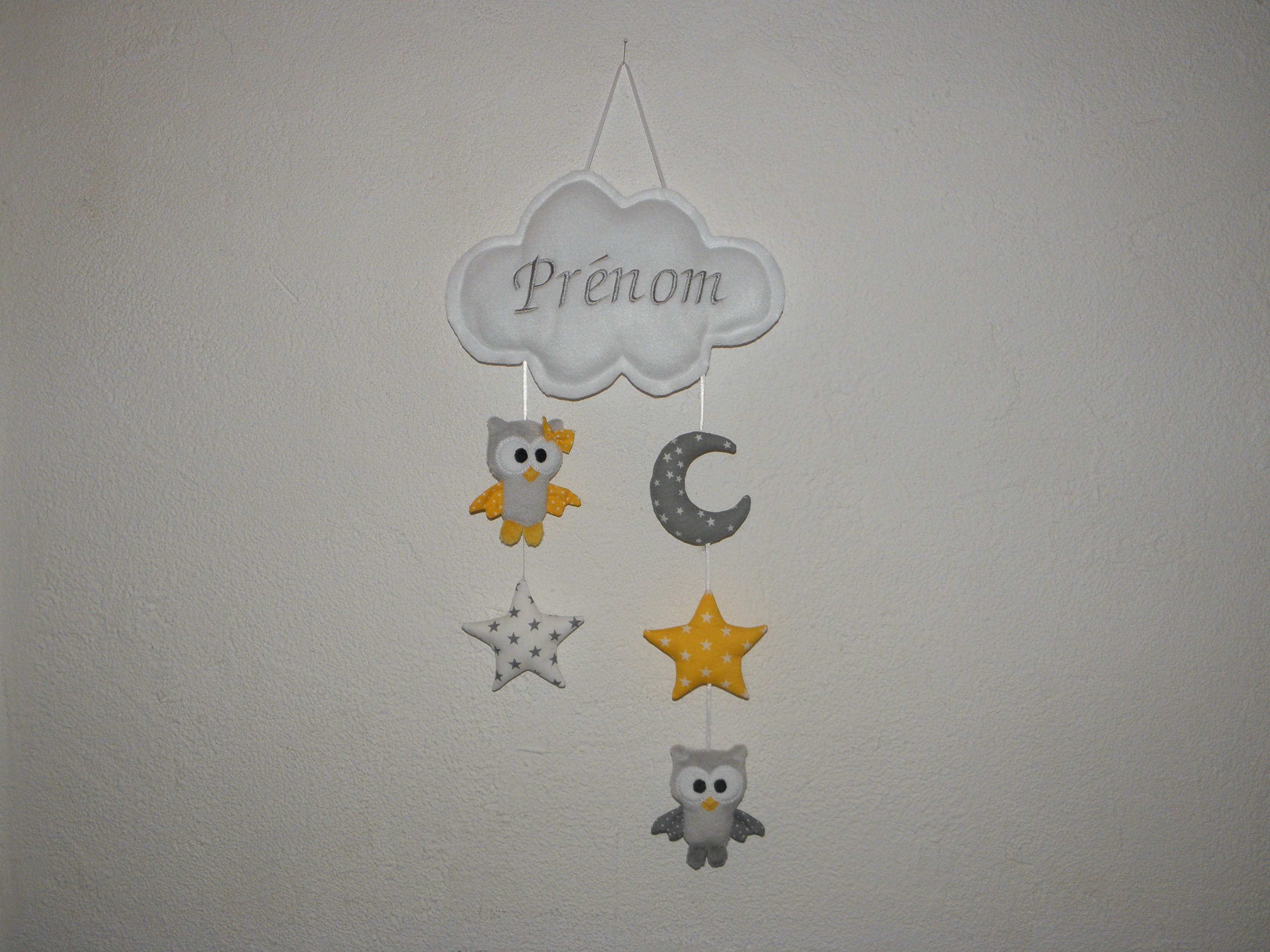 Hiboux, Étoiles, Lune et Nuage Personnalisable avec Prénom, Décoration Chambre Bébé, Enfant, Mobile 