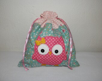 Pochon enfant hibou brodé, bleu, rose, pochon doublé 31 x 33 cm